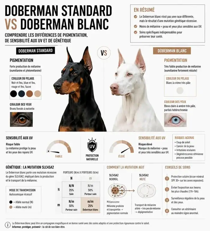 Infographie comparative des différences génétiques et de santé entre le Doberman standard et le Doberman blanc