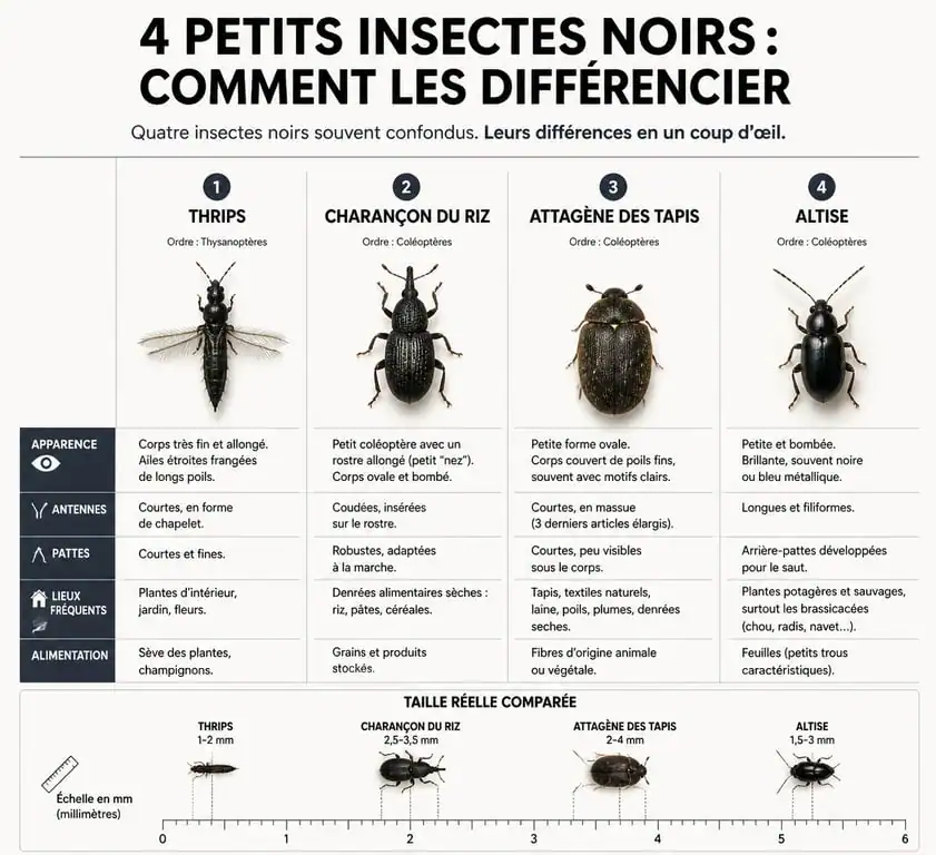 Infographie comparative pour l'identification de minuscule insecte noir : thrips, charançon, attagène et altise.