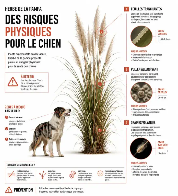 Infographie des risques physiques de l'herbe de la pampa pour les chiens : coupures et allergies
