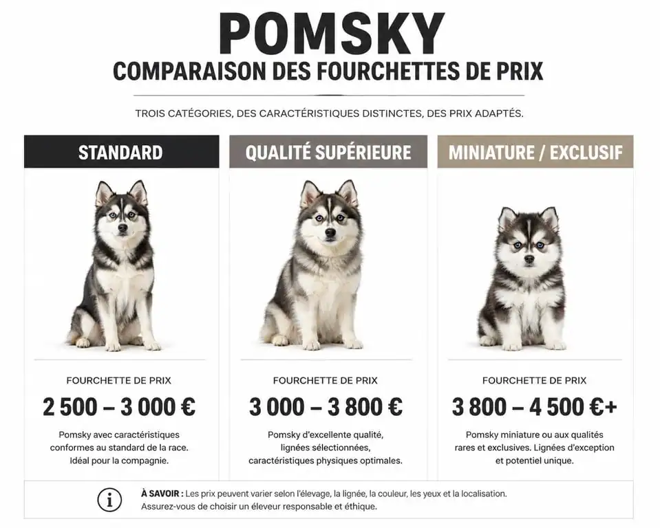 Infographie des prix du Pomsky en France selon la génération et la qualité du chiot