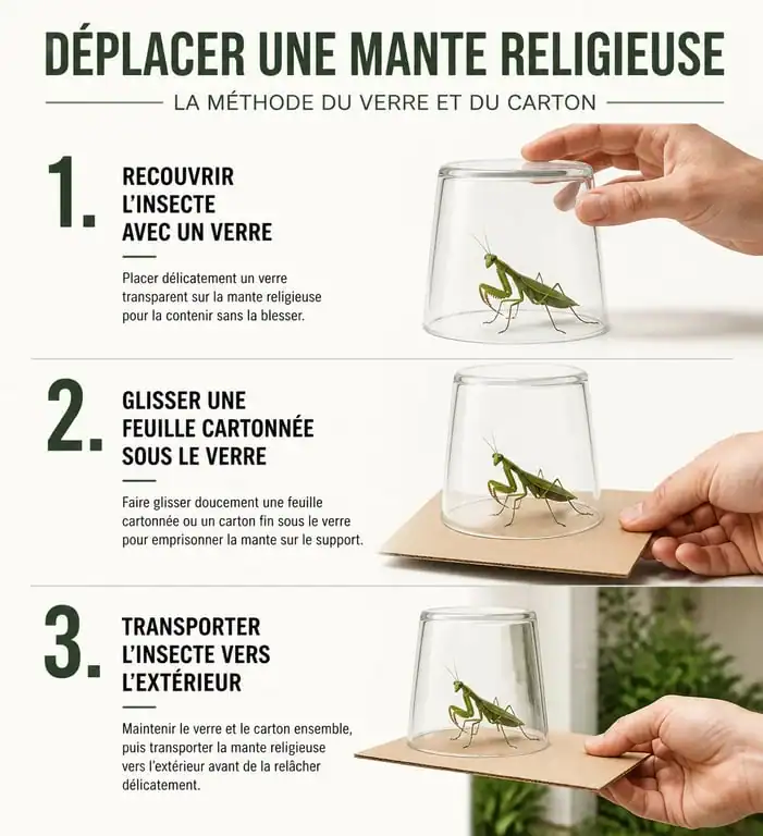 Infographie montrant comment déplacer une mante religieuse dans la maison avec un verre et un carton