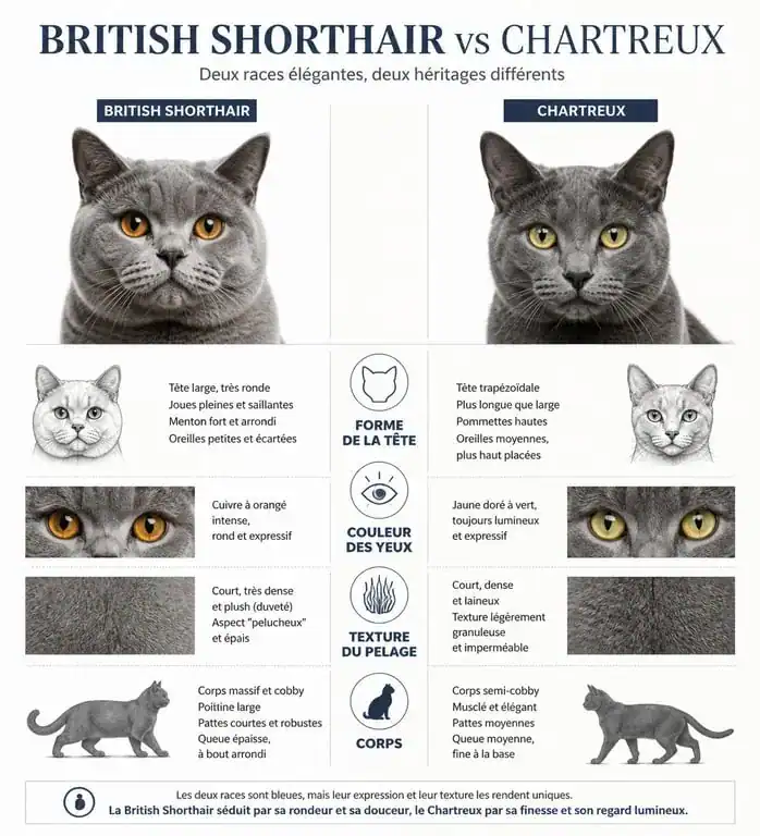 Infographie comparative des caractéristiques physiques du British Shorthair et du Chartreux