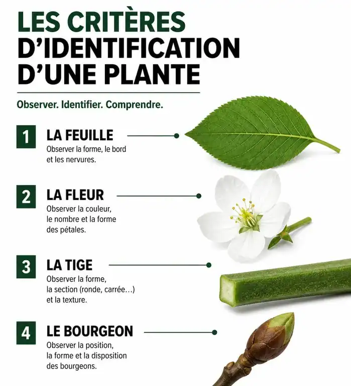 Infographie des critères morphologiques pour reconnaître une plante : feuilles, fleurs et tiges.