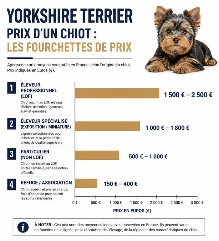 Infographie comparative des prix d'un Yorkshire Terrier selon la provenance et le pedigree