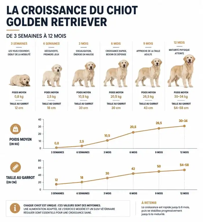 Infographie des étapes de croissance et développement d'un chiot Golden Retriever