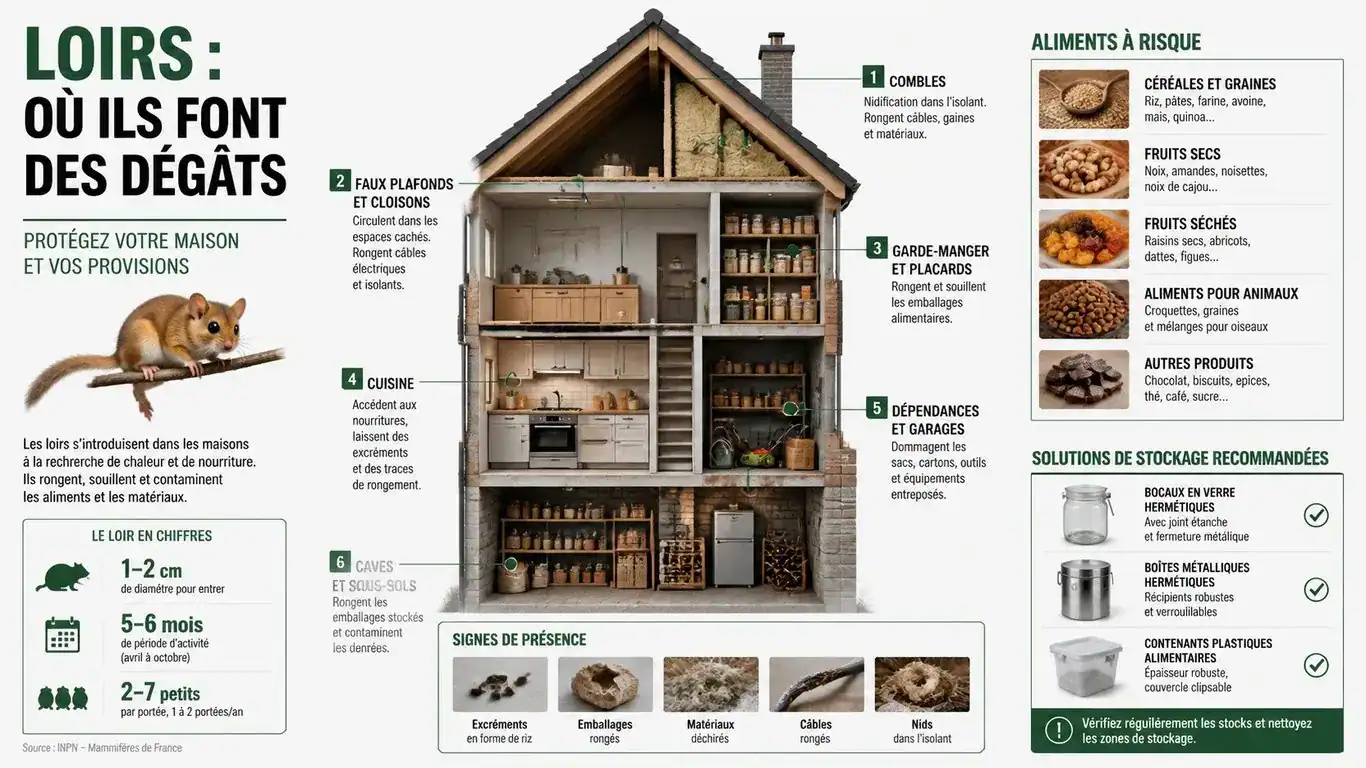Infographie sur la prévention contre les loirs dans la maison : aliments à risque et solutions de stockage