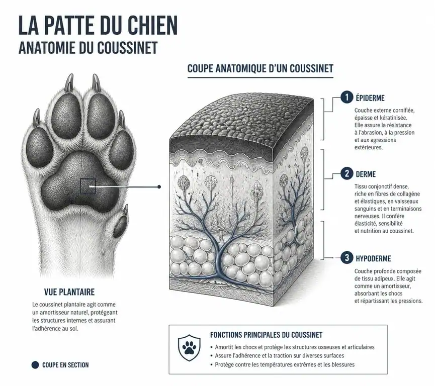Schéma anatomique des couches du coussinet de chien pour comprendre la cicatrisation