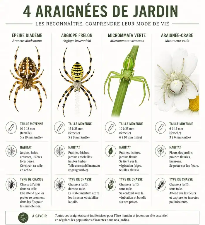 Infographie comparative des principales espèces d'araignées de jardin pour faciliter leur identification