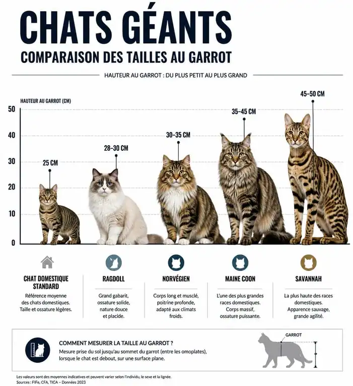Infographie comparative des tailles des plus gros chats au monde : Savannah, Maine Coon, Norvégien et Ragdoll