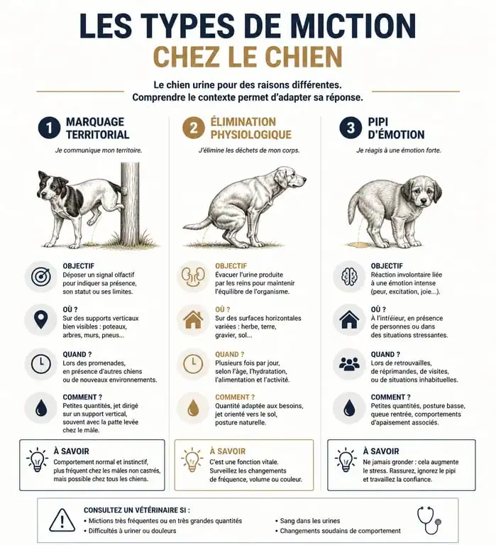 Infographie des causes de malpropreté chez le chien : marquage, élimination et émotions.
