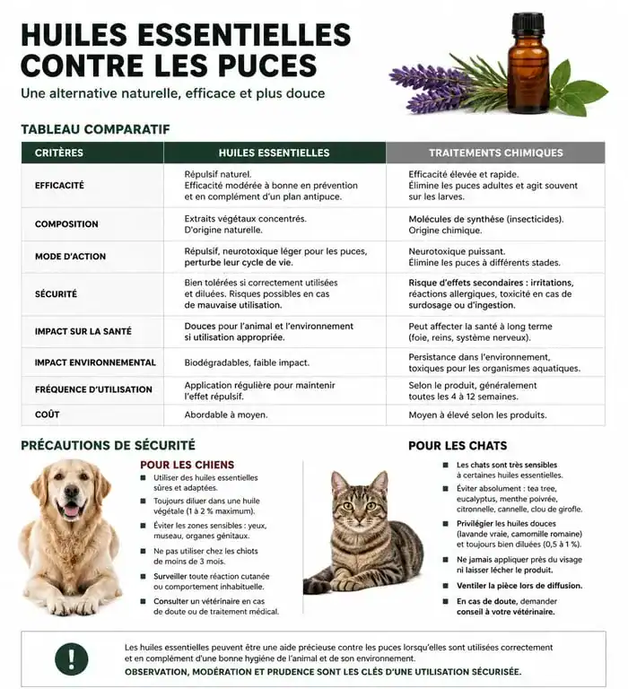 Infographie comparative des huiles essentielles contre les puces et précautions de sécurité pour animaux