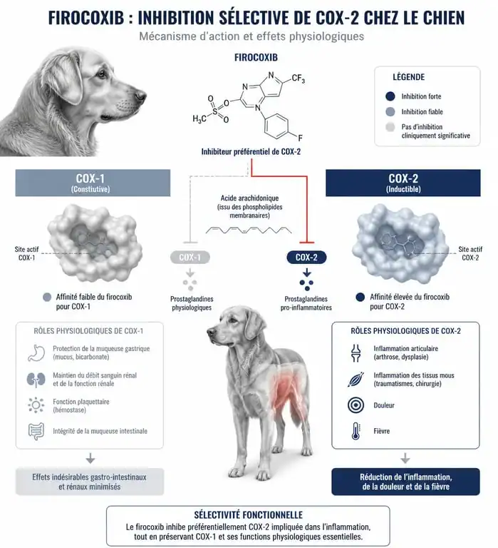 Schéma du mécanisme d'action du Previcox chien et inhibition sélective de la COX-2