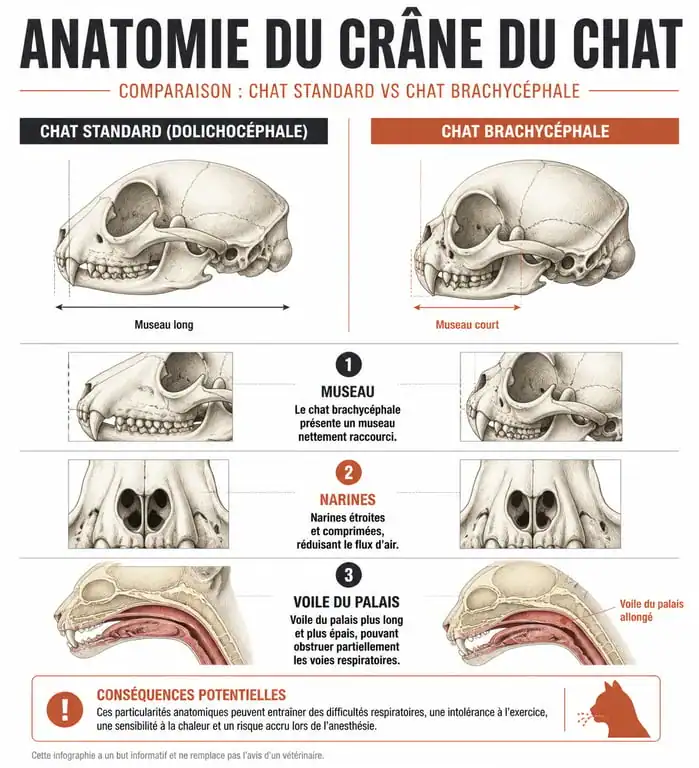 Schéma anatomique comparatif expliquant la brachycéphalie chez le chat nez écrasé