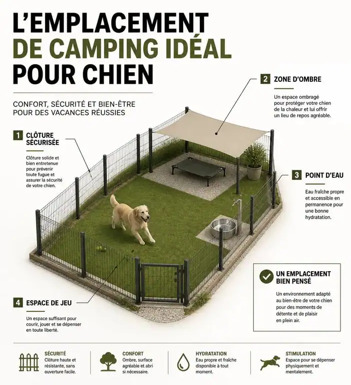 Schéma d'un emplacement de camping clôturé pour chien avec équipements essentiels