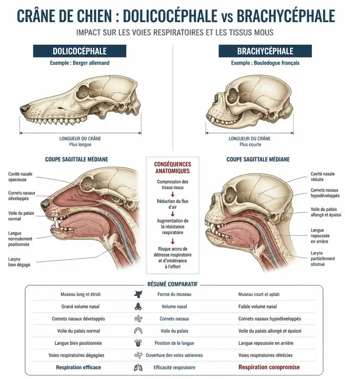 Schéma anatomique comparatif expliquant la morphologie du chien au nez écrasé et les risques du syndrome brachycéphale