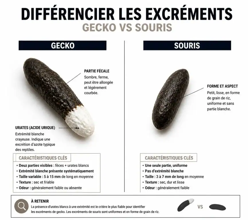 Comparaison visuelle entre une crotte de gecko et une crotte de souris pour identification