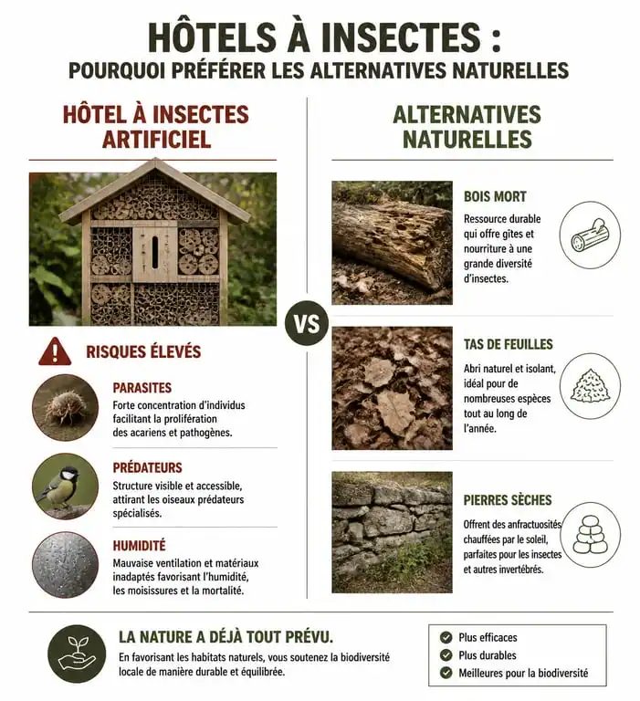 Infographie comparant les risques des hôtels à insectes artificiels aux avantages des alternatives naturelles pour la biodiversité au jardin.