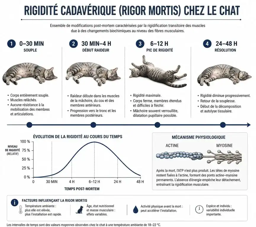 Infographie sur le processus de rigidité cadavérique chez le chat : délais et étapes de la rigor mortis.
