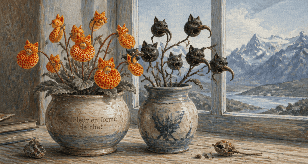 fleur en forme de chat en pot calceolaria et martynia