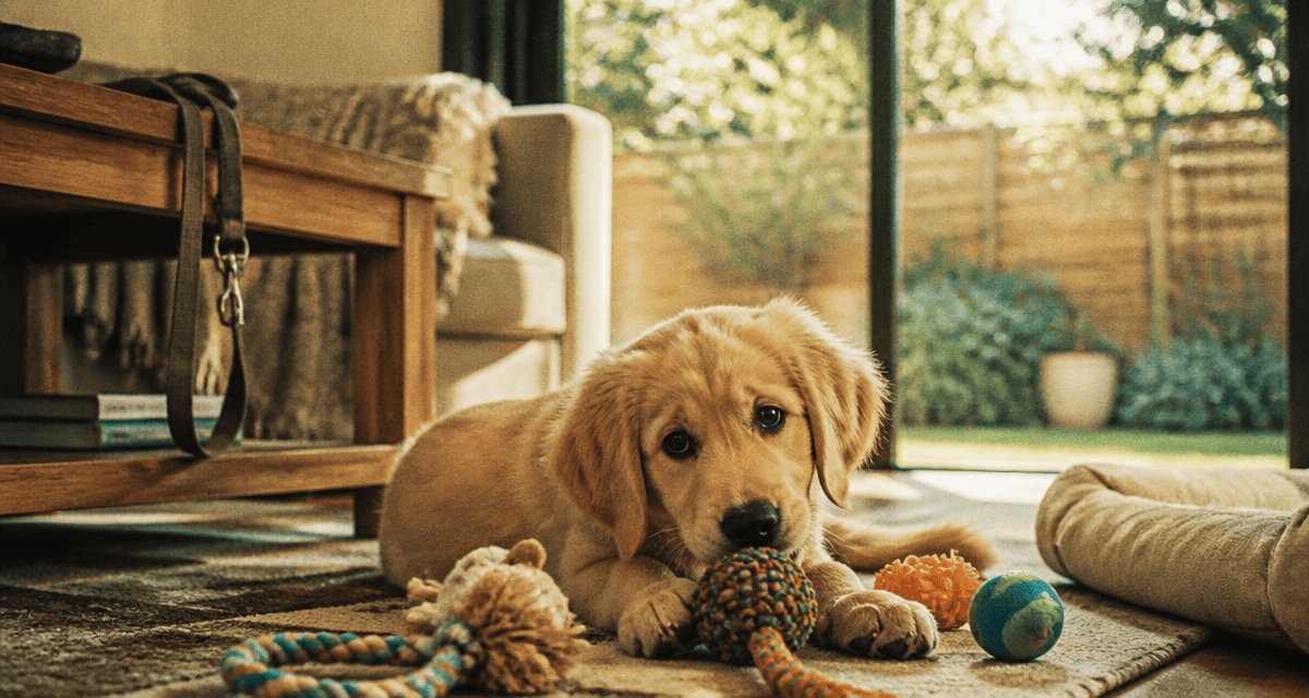 golden chiot curieux dans salon