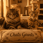 Grand chat Maine Coon et Savannah géants sur parquet