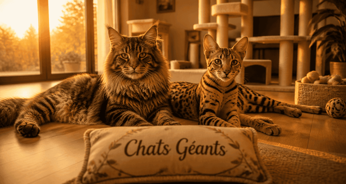 Grand chat Maine Coon et Savannah géants sur parquet
