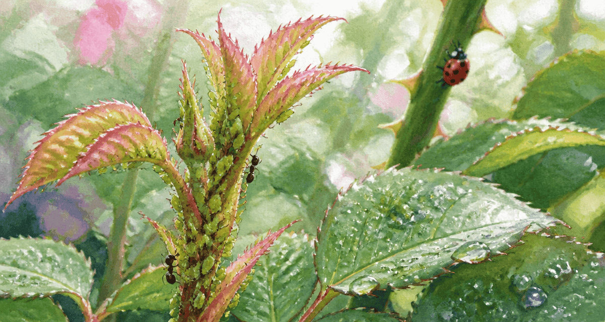 Pucerons verts rosiers et coccinelle sur feuille