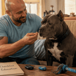 Renforcement positif American Bully avec maître et friandise