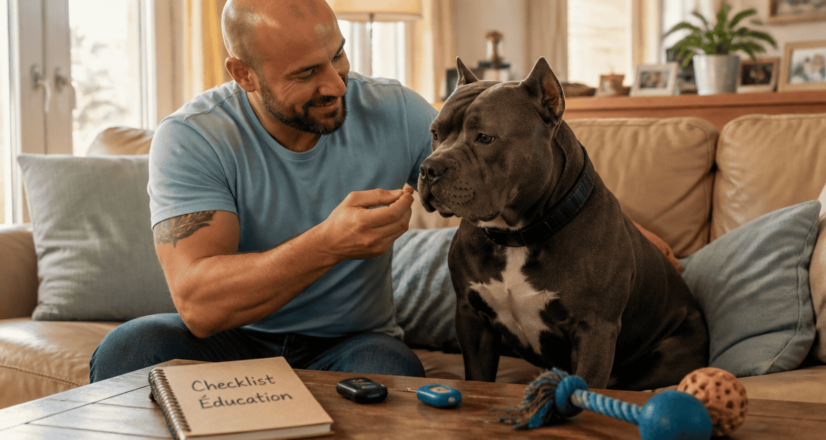 Renforcement positif American Bully avec maître et friandise