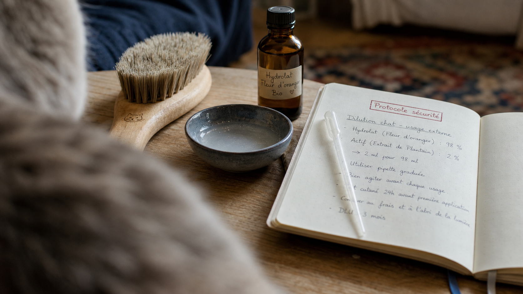 Anti puce huile essentielle chat : brosse, flacon et protocole sécurité