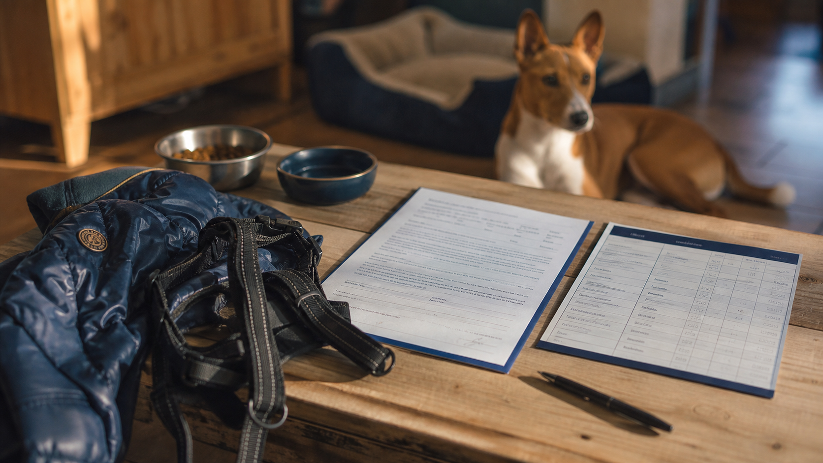 Basenji prix : documents d’adoption et harnais près d’un Basenji
