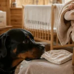Bebes rottweiler : bébé près d’un Rottweiler en laisse