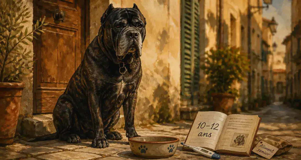 cane corso espérance de vie 10 à 12 ans : carnet vétérinaire et gamelle
