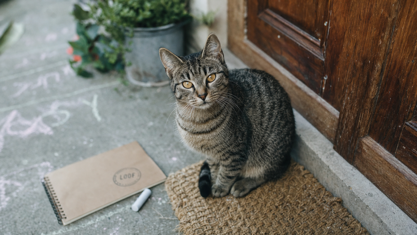 Chat européen tigré gris assis près d’une porte en bois