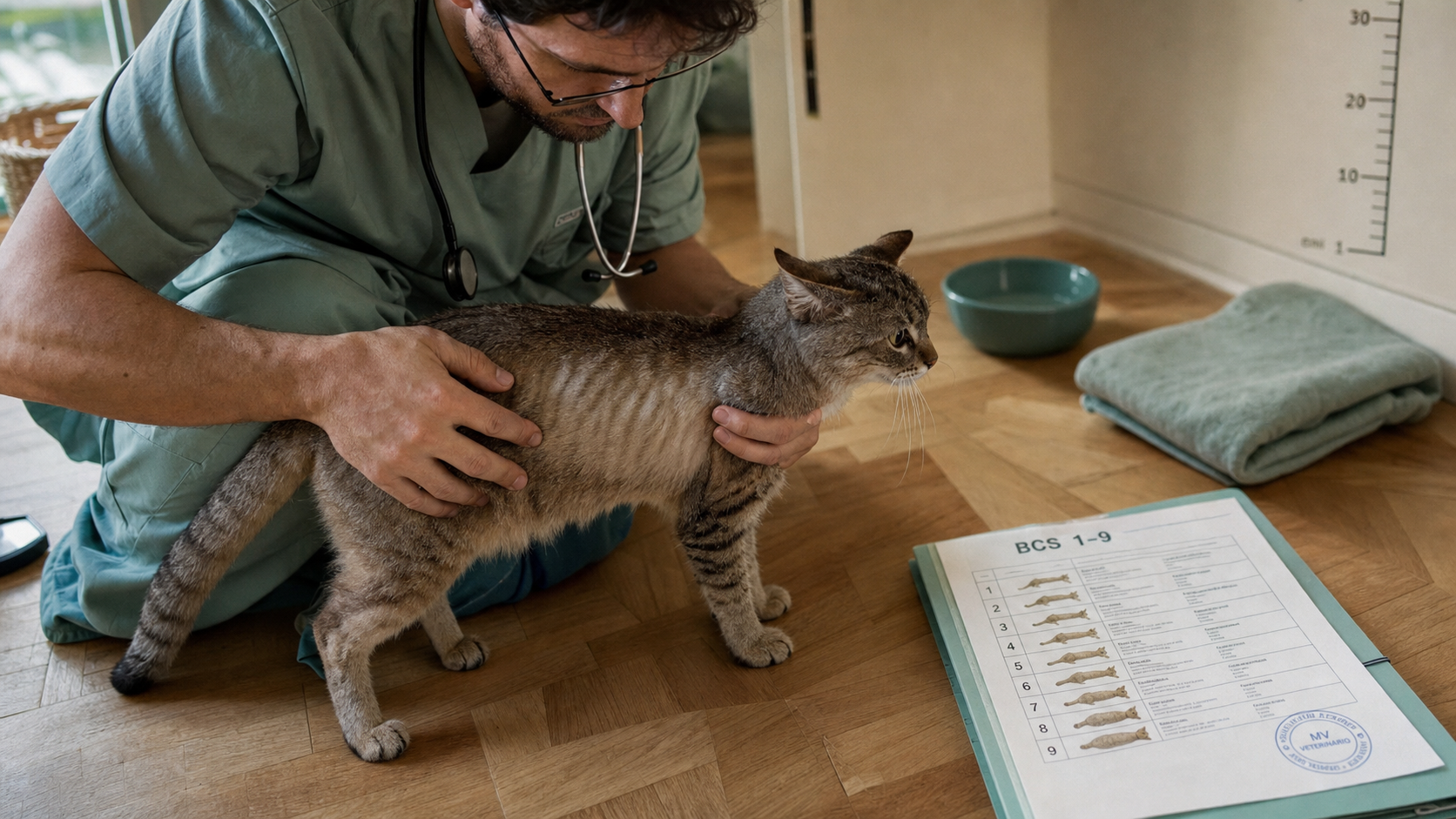 Chat maigre : évaluer la silhouette, vétérinaire palpe les flancs