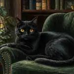 chat noir caractère sur fauteuil velours