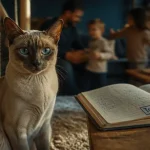 Chat tonkinois mink, regard bleu azur, salon naturel