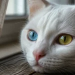 Chat yeux vairons : gros plan sur iris hétérochromes bleu et ambre