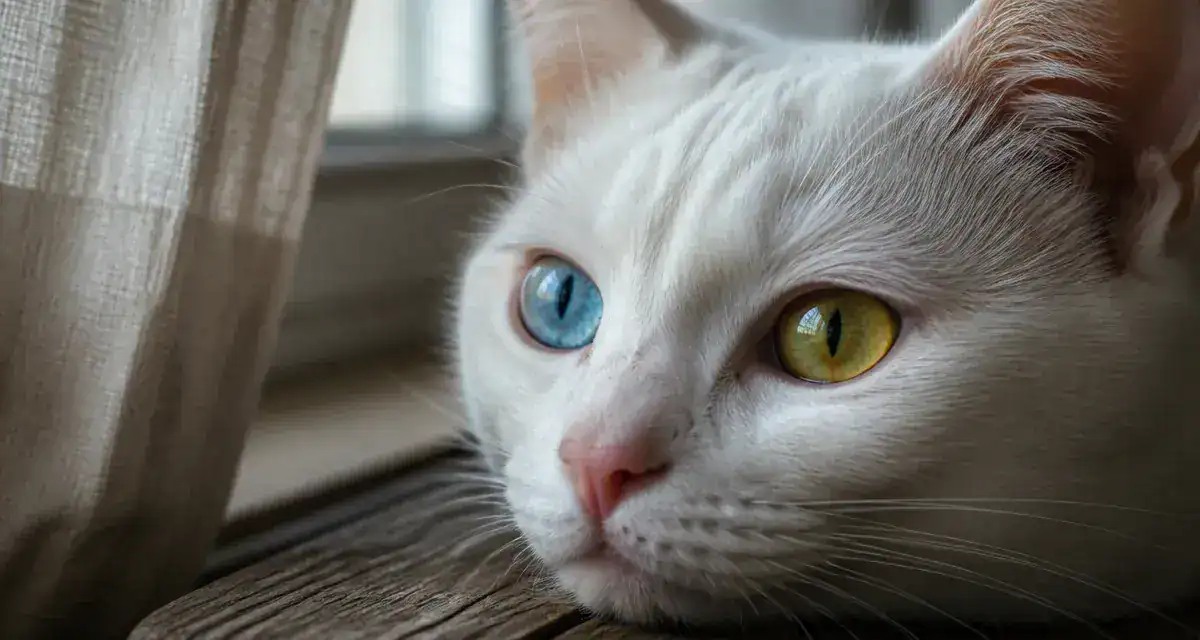 Chat yeux vairons : gros plan sur iris hétérochromes bleu et ambre
