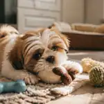 chiot shih tzu sur tapis avec jouets