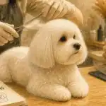 Coton de Tulear en coupe nounours en toilettage, atelier