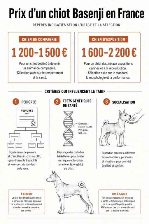 Infographie des facteurs de prix et budget d'achat d'un chiot Basenji en France
