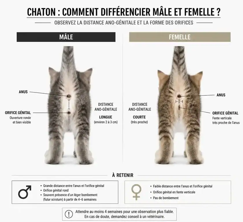 Schéma explicatif pour le sexage des chatons : différence anatomique entre mâle et femelle