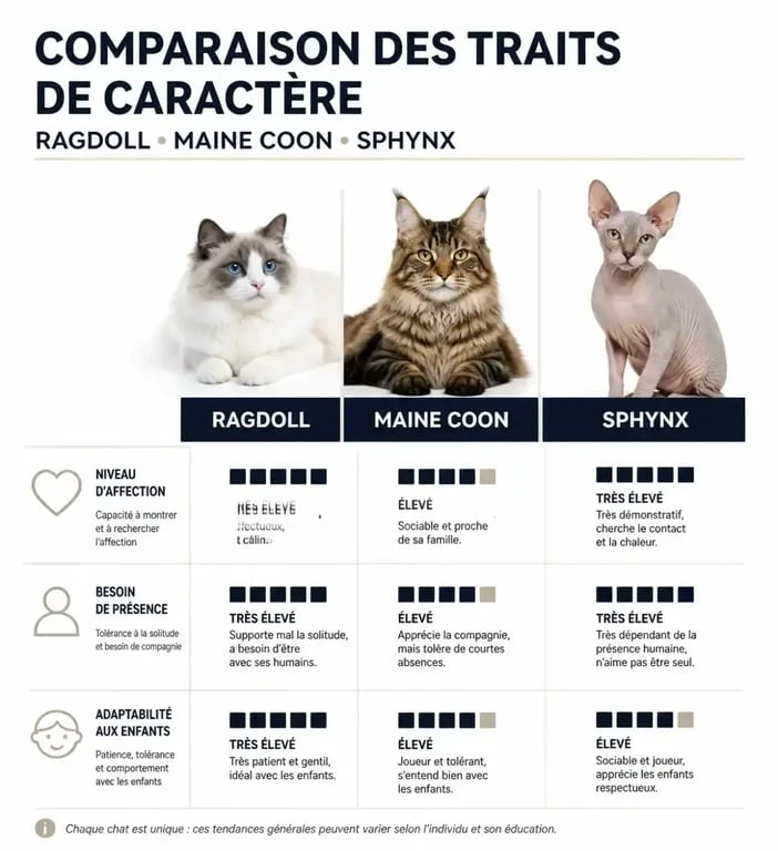 Infographie comparative des races de chats les plus affectueux : Ragdoll, Maine Coon et Sphynx