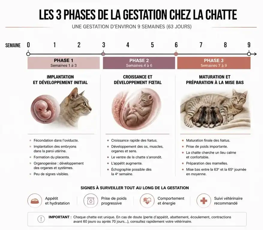 Infographie de la durée de gestation chez la chatte semaine par semaine