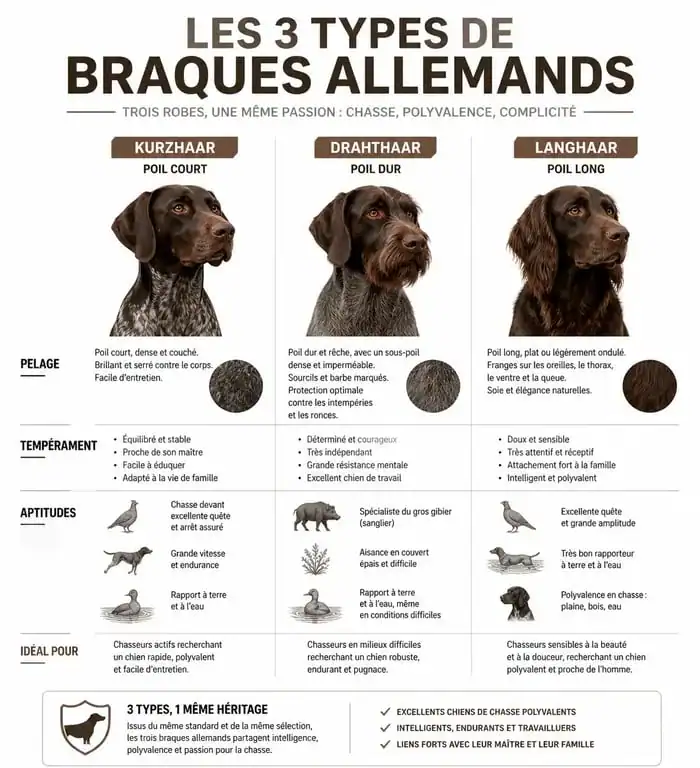 Comparatif des races de braques allemands : Braque allemand à poil court, poil dur et braque allemand poil long