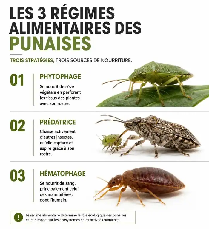 Infographie sur ce que mange la punaise : régimes phytophage, prédateur et hématophage