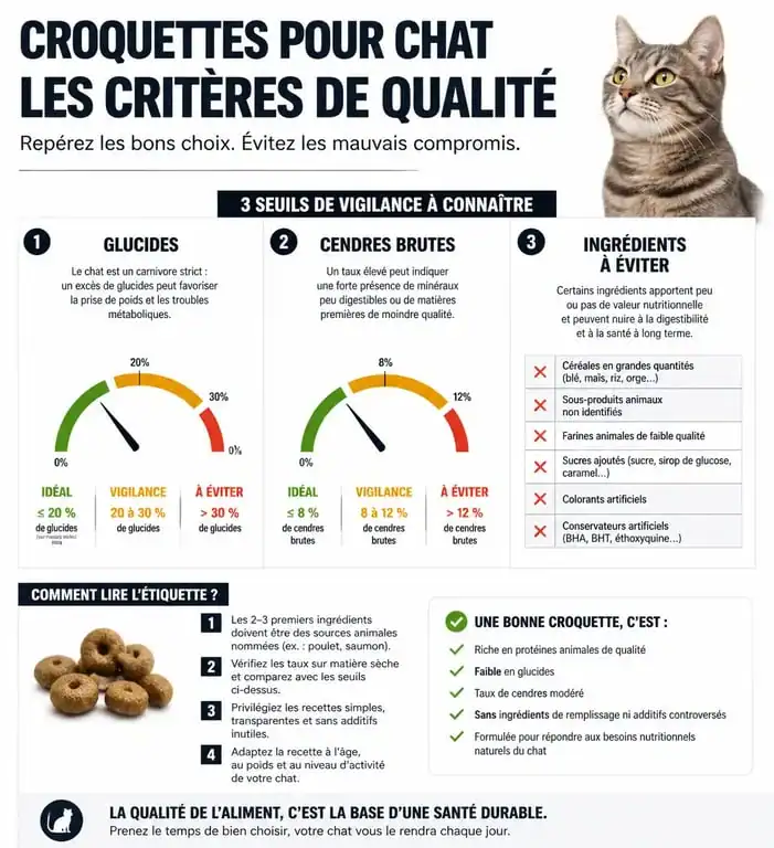 Infographie des critères pour identifier une marque de croquette chat à éviter et choisir une alimentation saine pour son animal.