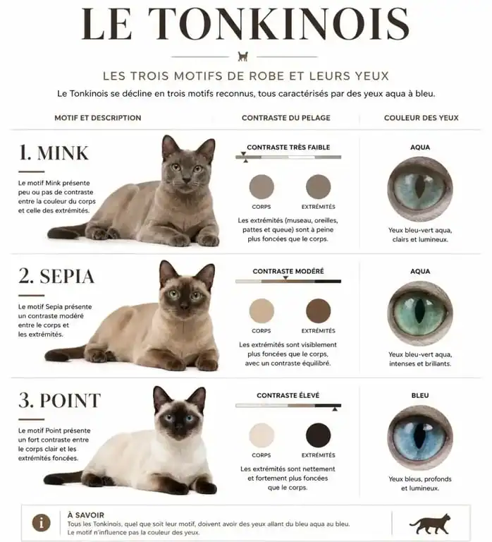 Les trois motifs de robe du chat Tonkinois : Mink, Sepia et Point