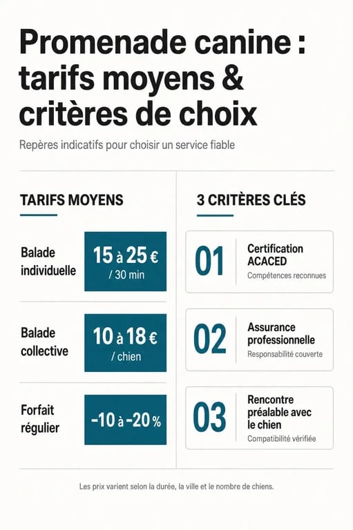 Infographie récapitulative des tarifs et critères de choix pour un promeneur de chien professionnel